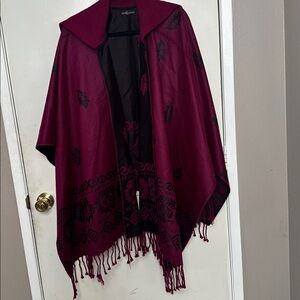 Burgundy and Black Poncho with Fringe